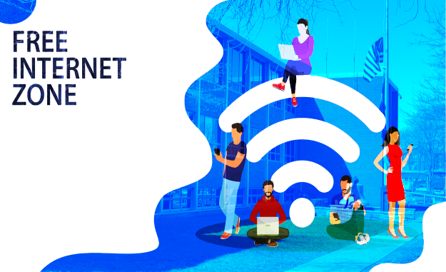 People in free internet zone using mobile gadgets, tablet pc and smartphone. big wifi sign.