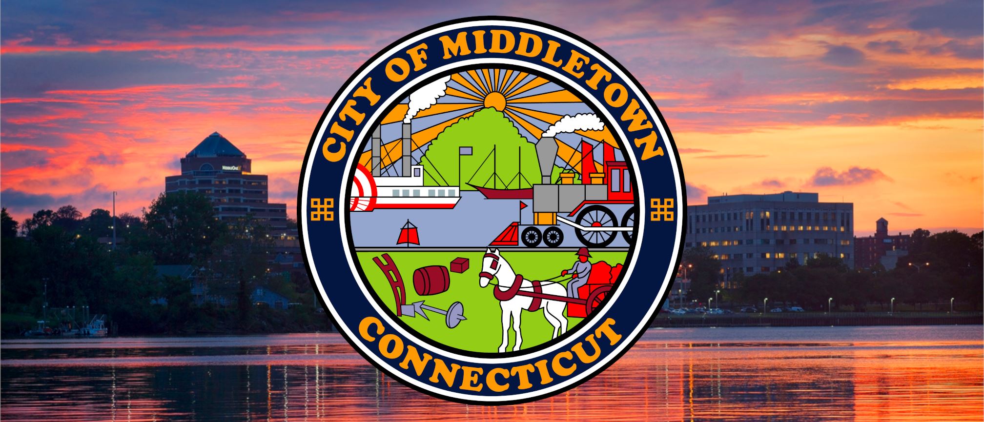 The City of Middletown's Official Seal over a dusk skyline of the City.