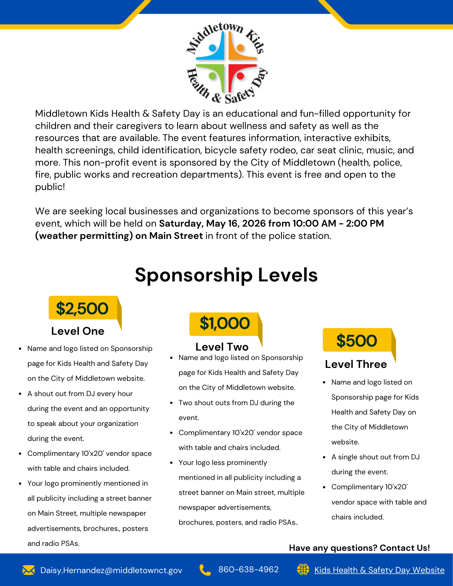 2026 Kids Health and Safety Day Sponsorship Levels