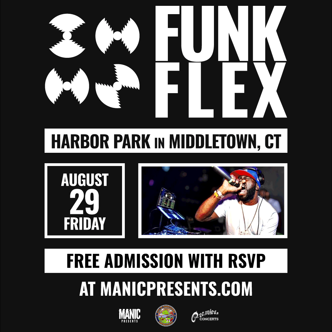 Flyer for Funk Flex Concert at Harbor Park on August 29, 2025.