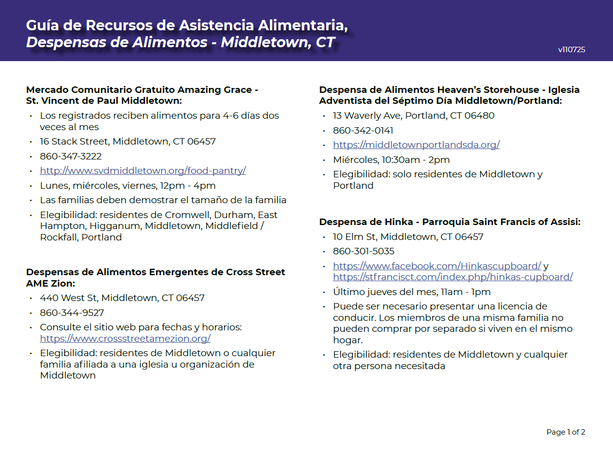 Middletown Food Pantry Resources Spanish Page 1
